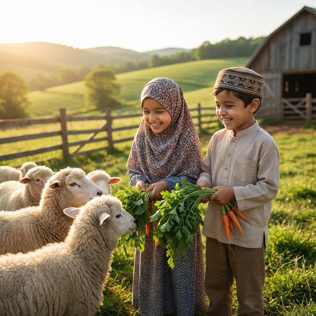 Anak Muslim Memberi Makan Domba